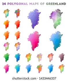 Set of vector polygonal maps of Greenland. Bright gradient map of country in low poly style. Multicolored Greenland map in geometric style for your infographics.