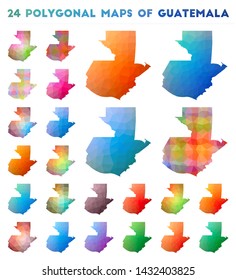 Set of vector polygonal maps of Guatemala. Bright gradient map of country in low poly style. Multicolored Guatemala map in geometric style for your infographics.