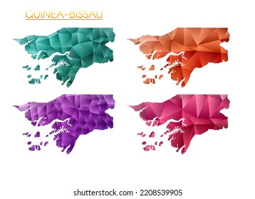 Satz von Vektorkarten von Guinea-Bissau. Helle Farbverlauf-Karte des Landes im Low-Poly-Stil. Multicfarbene Guinea-Bissau Karte im geometrischen Stil für Ihre Infografiken. Anziehende Vektorgrafik.