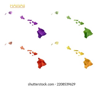 Satz von vektorpolygonalen Karten von Hawaii. Helle Farbverlauf-Karte der Insel im Low-Poly-Stil. Mehrfarbige Hawaii Karte im geometrischen Stil für Ihre Infografiken. Klassische Vektorgrafik.