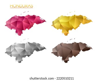Set von Vektorkarten von Honduras. Helle Farbverlauf-Karte des Landes im Low-Poly-Stil. Multicfarbene Honduras Karte im geometrischen Stil für Ihre Infografiken. Schöne Vektorgrafik.