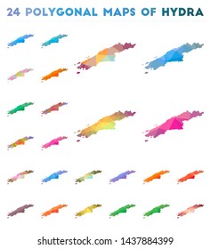 Set of vector polygonal maps of Hydra. Bright gradient map of island in low poly style. Multicolored Hydra map in geometric style for your infographics.
