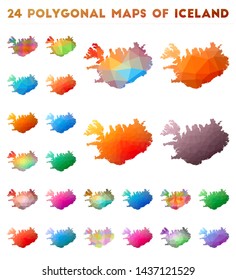 Set of vector polygonal maps of Iceland. Bright gradient map of the country in a low poly style. Multicolored Iceland map in geometric style for your infographics.