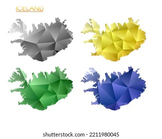 Set of vector polygonal maps of Iceland. Bright gradient map of country in low poly style. Multicolored Iceland map in geometric style for your infographics. Powerful vector illustration.