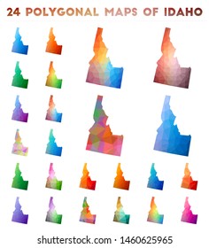 Set of vector polygonal maps of Idaho. Bright gradient map of us state in low poly style. Multicolored Idaho map in geometric style for your infographics.