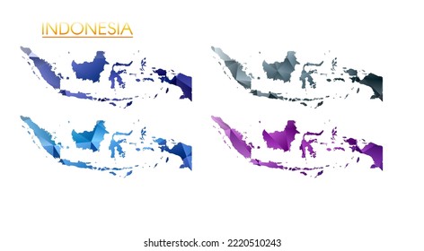 Set of vector polygonal maps of Indonesia. Bright gradient map of country in low poly style. Multicolored Indonesia map in geometric style for your infographics. Cool vector illustration.