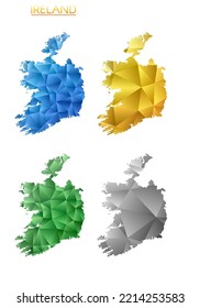 Conjunto de mapas poligonales vectoriales de Irlanda. Mapa de degradado brillante de país con un estilo de polos bajo. Mapa de Irlanda multicolor en estilo geométrico para sus infografías. Elegante ilustración vectorial.