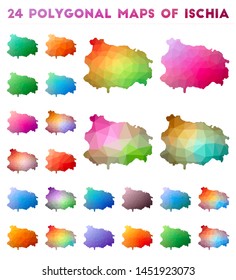 Set of vector polygonal maps of Ischia. Bright gradient map of island in low poly style. Multicolored Ischia map in geometric style for your infographics.