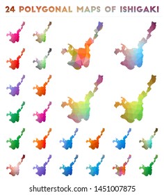 Set of vector polygonal maps of Ishigaki. Bright gradient map of island in low poly style. Multicolored Ishigaki map in geometric style for your infographics.