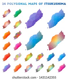 Set of vector polygonal maps of Itsukushima. Bright gradient map of island in low poly style. Multicolored Itsukushima map in geometric style for your infographics.