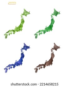 Set of vector polygonal maps of Japan. Bright gradient map of the country in a low poly style. Multicolored Japan map in geometric style for your infographics. Vibrant vector illustration.