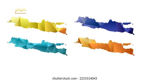 Set of vector polygonal maps of Java. Bright gradient map of island in low poly style. Multicolored Java map in geometric style for your infographics. Vibrant vector illustration.