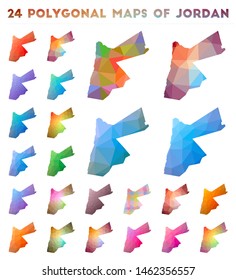 Set of vector polygonal maps of Jordan. Bright gradient map of country in low poly style. Multicolored Jordan map in geometric style for your infographics.