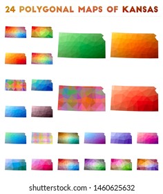 Set of vector polygonal maps of Kansas. Bright gradient map of US state in low poly style. Multicolored Kansas map in geometric style for your infographics.