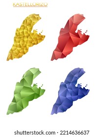 Conjunto de mapas pológicos vectoriales de Kastellorizo. Mapa de degradado brillante de la isla en estilo de polos bajos. Mapa de Kastellorizo multicolor en estilo geométrico para sus infografías. Increíble ilustración vectorial.