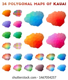 Set of vector polygonal maps of Kauai. Bright gradient map of island in low poly style. Multicolored Kauai map in geometric style for your infographics.