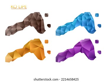 Set of vector polygonal maps of Ko Lipe. Bright gradient map of island in low poly style. Multicolored Ko Lipe map in geometric style for your infographics. Beautiful vector illustration.