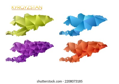 Conjunto de mapas poligonales vectoriales de Kirguistán. Mapa de degradado brillante de país con un estilo de polos bajo. Mapa Kirguistán multicolor en estilo geométrico para tus infografías. Ilustración vectorial artística.