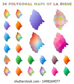 Set of vector polygonal maps of La Digue. Bright gradient map of the island in a low poly style. Multicolored La Digue map in geometric style for your infographics.