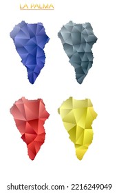 Set of vector polygonal maps of La Palma. Bright gradient map of island in low poly style. Multicolored La Palma map in geometric style for your infographics. Vibrant vector illustration.