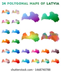 Set of vector polygonal maps of Latvia. Bright gradient map of country in low poly style. Multicolored Latvia map in geometric style for your infographics.