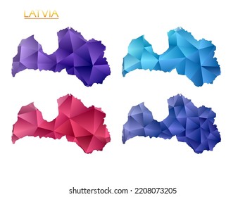 Set of vector polygonal maps of Latvia. Bright gradient map of country in low poly style. Multicolored Latvia map in geometric style for your infographics. Modern vector illustration.