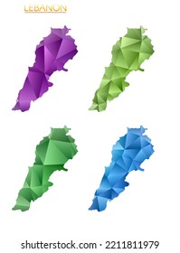 Conjunto de mapas poligonales vectoriales del Líbano. Mapa de degradado brillante de país con un estilo de polos bajo. Mapa del Líbano multicolor en estilo geométrico para tus infografías. Hermosa ilustración vectorial.