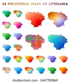 Set of vector polygonal maps of Lithuania. Bright gradient map of country in low poly style. Multicolored Lithuania map in geometric style for your infographics.