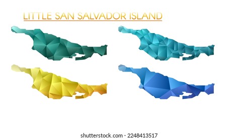 Conjunto de mapas vectoriales poligonales de la Isla de la Pequeña San Salvador. Mapa del borde del degradado brillante en un estilo de polo bajo. Mapa multicolor de la isla de Pequeña San Salvador en estilo geométrico para sus infografías.