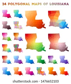 Set of vector polygonal maps of Louisiana. Bright gradient map of US state in low poly style. Multicolored Louisiana map in geometric style for your infographics.