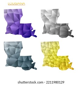 Set of vector polygonal maps of Louisiana. Bright gradient map of us state in low poly style. Multicolored Louisiana map in geometric style for your infographics. Superb vector illustration.