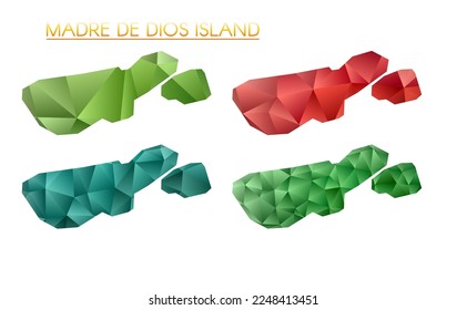 Set of vector polygonal maps of Madre de Dios Island. Bright gradient border map in low poly style. Multicolored Madre de Dios Island map in geometric style for your infographics.