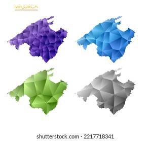 Set of vector polygonal maps of Majorca. Bright gradient map of island in low poly style. Multicolored Majorca map in geometric style for your infographics. Cool vector illustration.