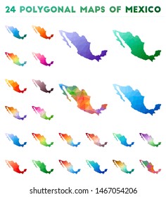 Set of vector polygonal maps of Mexico. Bright gradient map of the country in low poly style. Multicolored Mexico map in geometric style for your infographics.