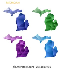 Set of vector polygonal maps of Michigan. Bright gradient map of US state in low poly style. Multicolored Michigan map in geometric style for your infographics. Appealing vector illustration.