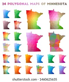 Set of vector polygonal maps of Minnesota. Bright gradient map of US state in low poly style. Multicolored Minnesota map in geometric style for your infographics.
