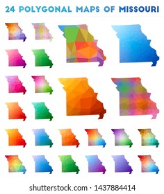 Set of vector polygonal maps of Missouri. Bright gradient map of US state in low poly style. Multicolored Missouri map in geometric style for your infographics.