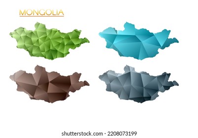 Set of vector polygonal maps of Mongolia. Bright gradient map of country in low poly style. Multicolored Mongolia map in geometric style for your infographics. Appealing vector illustration.