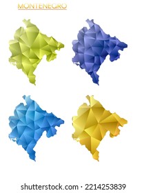 Set of vector polygonal maps of Montenegro. Bright gradient map of country in low poly style. Multicolored Montenegro map in geometric style for your infographics. Amazing vector illustration.