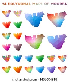 Set of vector polygonal maps of Moorea. Bright gradient map of island in low poly style. Multicolored Moorea map in geometric style for your infographics.