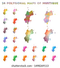 Set of vector polygonal maps of Mustique. Bright gradient map of island in low poly style. Multicolored Mustique map in geometric style for your infographics.