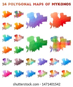 Set of vector polygonal maps of Mykonos. Bright gradient map of island in low poly style. Multicolored Mykonos map in geometric style for your infographics.