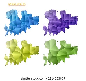 Set of vector polygonal maps of Mykonos. Bright gradient map of island in low poly style. Multicolored Mykonos map in geometric style for your infographics. Appealing vector illustration.