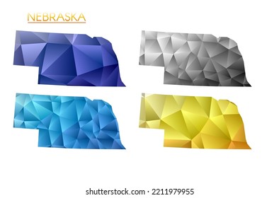 Set of vector polygonal maps of Nebraska. Bright gradient map of US state in low poly style. Multicolored Nebraska map in geometric style for your infographics. Captivating vector illustration.