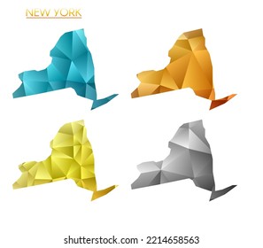 Set of vector polygonal maps of New York. Bright gradient map of us state in low poly style. Multicolored New York map in geometric style for your infographics. Elegant vector illustration.