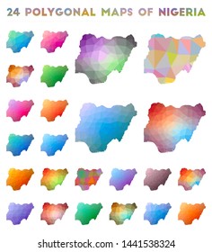 Set of vector polygonal maps of Nigeria. Bright gradient map of country in low poly style. Multicolored Nigeria map in geometric style for your infographics.