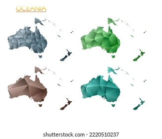Conjunto de mapas poligonales vectoriales de Oceanía. Mapa de degradado brillante del continente en estilo de polos bajos. Mapa multicolor de Oceanía en estilo geométrico para sus infografías. Ilustración vectorial atractiva.