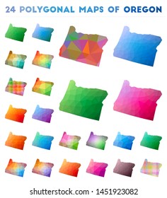 Set of vector polygonal maps of Oregon. Bright gradient map of us state in low poly style. Multicolored Oregon map in geometric style for your infographics.