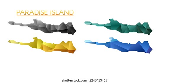 Set of vector polygonal maps of Paradise Island. Bright gradient border map in low poly style. Multicolored Paradise Island map in geometric style for your infographics.