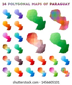 Set of vector polygonal maps of Paraguay. Bright gradient map of the country in low poly style. Multicolored Paraguay map in geometric style for your infographics.